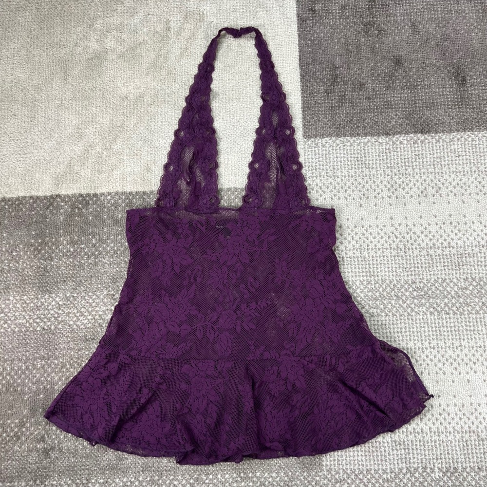 Victoria's Secret Purple Floral Lace Halter Babydoll‎ Top Sheer Mesh Size Medium